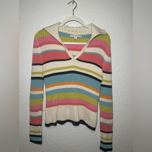 Tommy Hilfiger Stripped V Neck Collard Cozy Sweater Women Size Medium - Picture 6 of 12